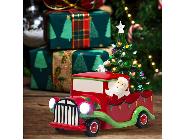 Costway Pre-lit Vintage Tabletop Ceramic Tree and Truck Battery Powered Christmas Decor - Red/Green