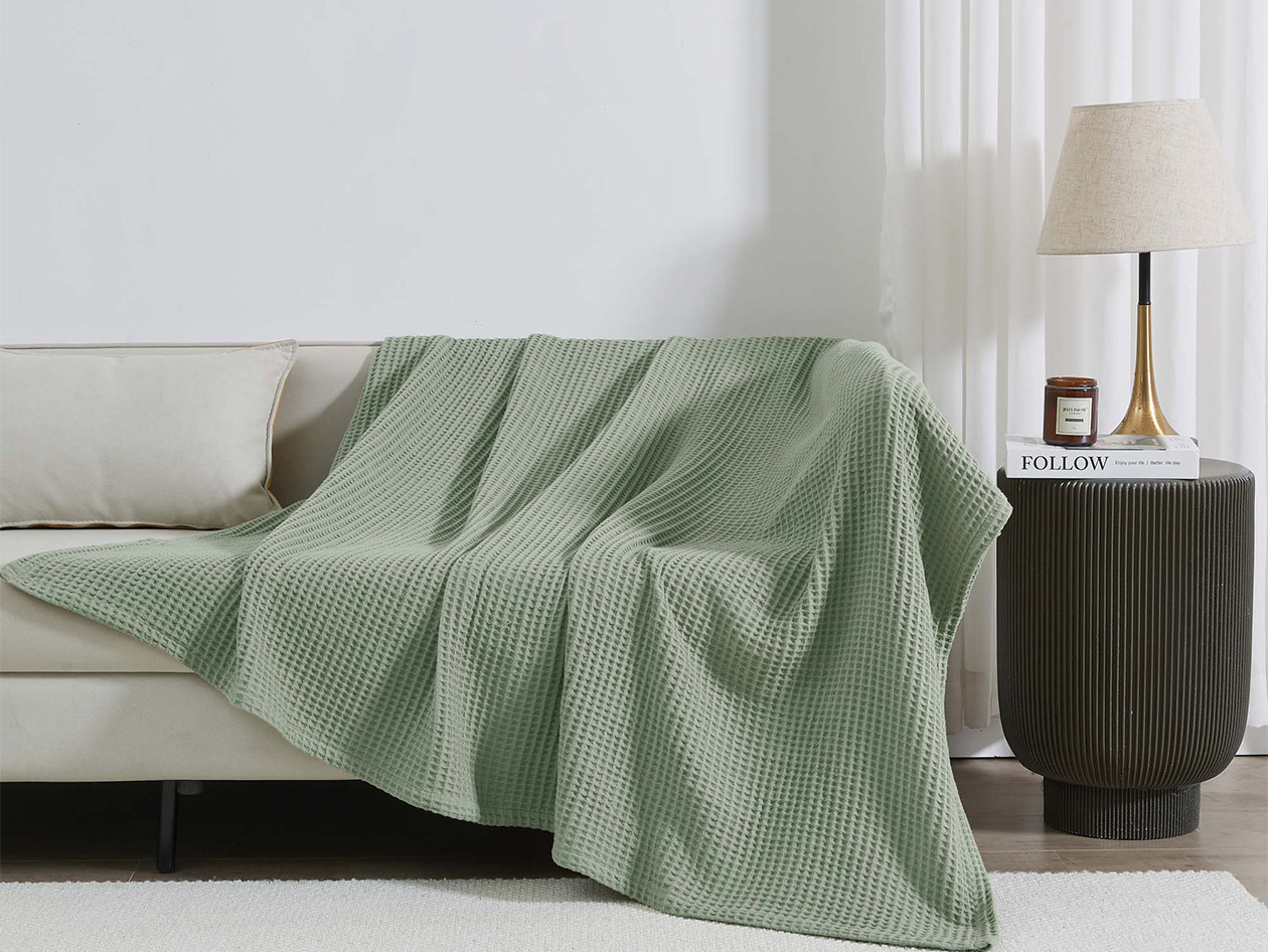 Vintage Cotton Waffle Blanket (Queen/Sage)