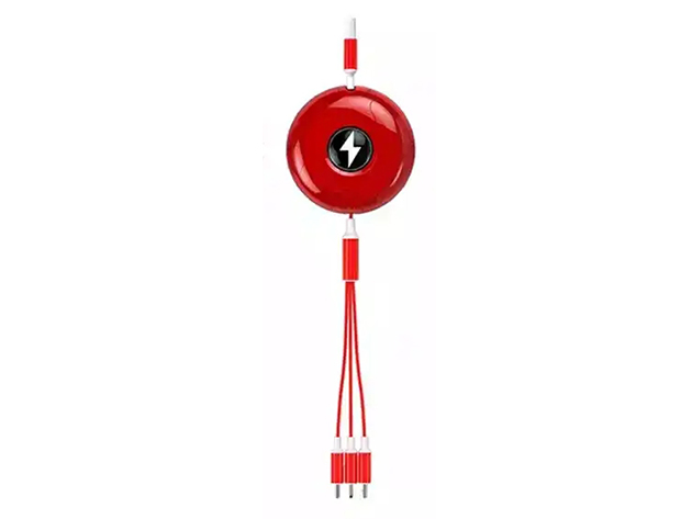 3-in-1 Retractable USB-C, Micro USB & Lightning Charging Cable (Red)