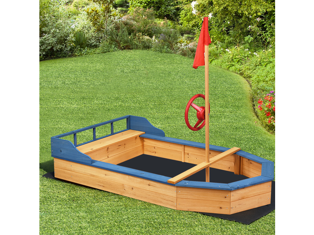 Costway Kids Pirate Boat Wood Sandbox w/ Bench Seat & Flag Pirate Sandboat for Bench