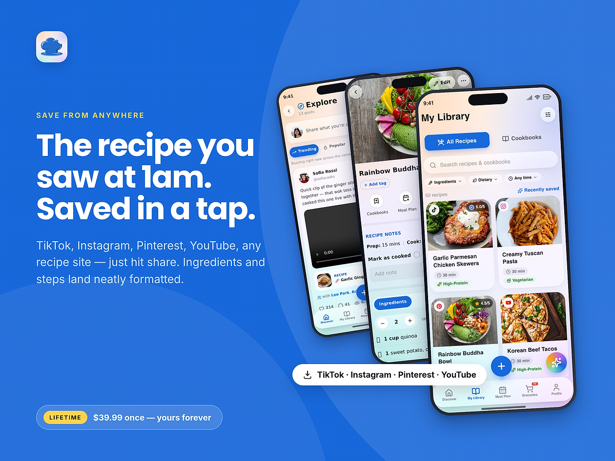 ReciBites - AI Recipe, Meal Plan, Grocery List App: Lifetime Subscription