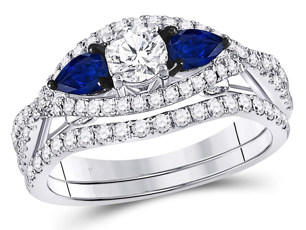 1.35 Carat (G-H, I1-I2) Diamond Engagement Ring Bridal Wedding Set in 14K White Gold with Blue Sapphires - 8.5