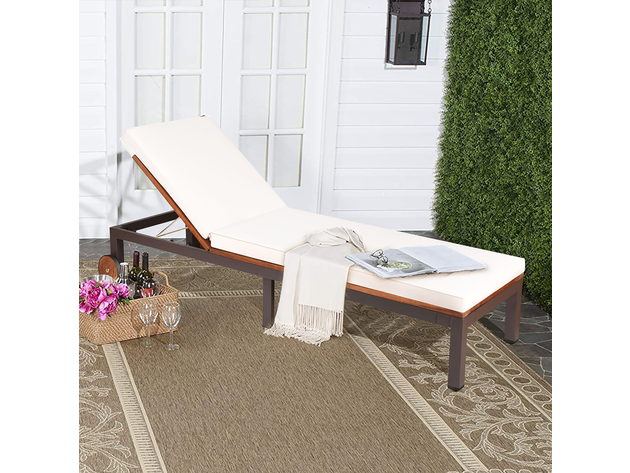 Costway Patio Acacia Wood Lounge Chair Chaise Recliner Adjustable Backrest Cushion Wheel - White