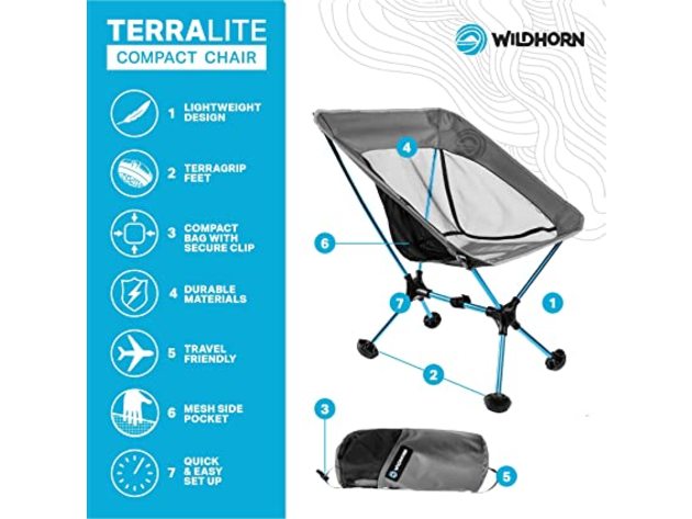 Wildhorn Terralite Ultralight Heavy Duty Outdoor Folding Camp Chair, Stone/Blue-