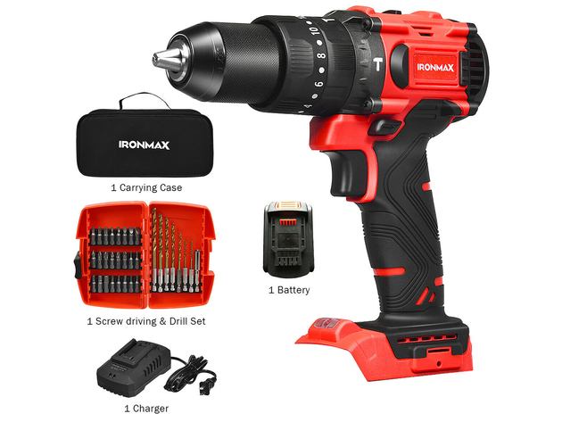 Costway 20V Cordless Brushless Hammer Drill Kit w/ 2 Ah Battery - Black+Red