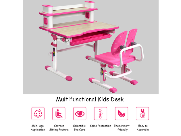 Costway Children's Desk Chair Set Height Adjustable Study Table - Pink
