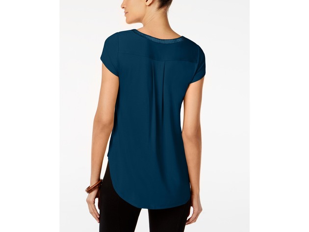 Alfani Women's Satin-Trim High-Low T-Shirt Blue Size Petite