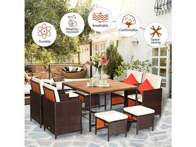 Costway 9 Piece Patio Rattan Dining Set Cushioned Chairs Ottoman Wood Table Top White