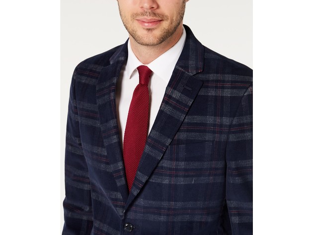 Tommy Hilfiger Men's Modern-Fit THFlex Stretch Navy/Red Plaid Corduroy Sport Coat Navy Size 46REG