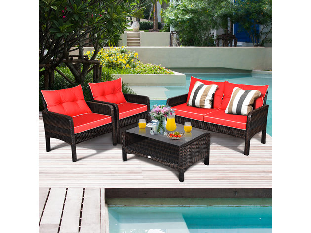 Costway 4PCS Patio Rattan Furniture Set Loveseat Sofa Coffee Table Garden W/Red Cushion - Red