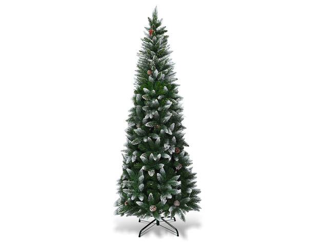 Costway 7.5ft Snow Flocked Pencil Christmas Tree Hinged Pine Cones - Green, White