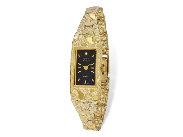 10k Yellow Gold Ladies Black Dial Rectangular Face Nugget Watch