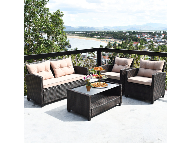 Costway 4 Piece Outdoor Rattan Furniture Set Cushioned Sofa Armrest Table