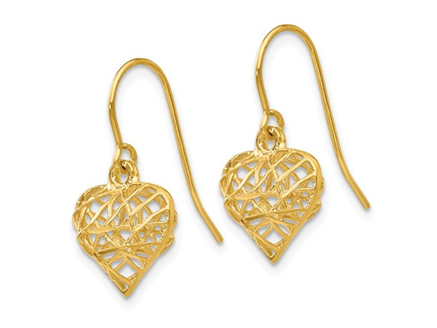 14K Yellow Gold Diamond Cut Puffed Heart Dangle Earrings