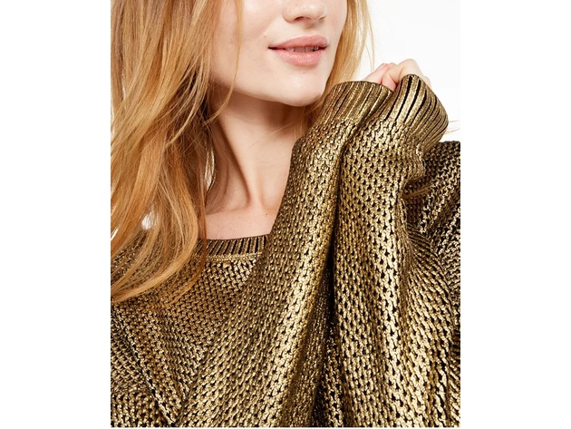 INC International Concepts Women's Metallic Pointelle Sweater Gold Size Large