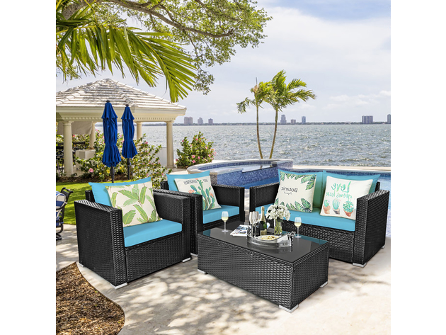 Costway 4 Piece Patio Rattan Cushioned Sofa Chair Coffee Table Black/Turquoise