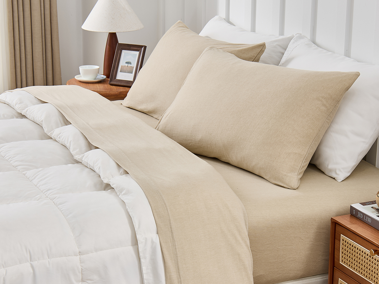 Kathy Ireland 4 Piece Heathered Jersey Knit Cotton Sheet Set (Queen/Oatmeal)