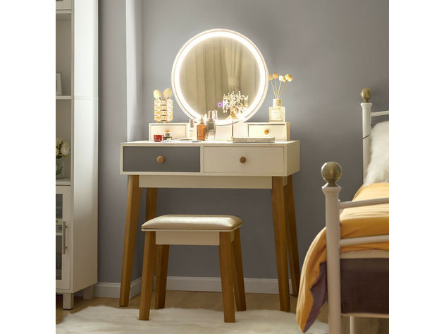 Costway Vanity Table 3 Color Lighting Modes MakeUp Stool Jewelry - White