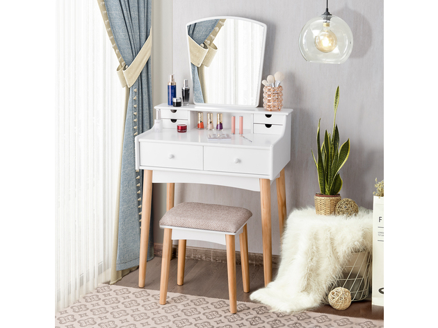Costway Vanity Table 6 Dressing Table Cushioned Stool Makeup Table - White