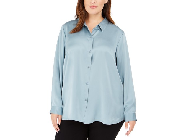Eileen Fisher Women's Plus Size Classic Silk Shirt Blue Size XXX-Large