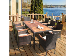 9 Piece Patio Rattan Dining Set  8 Chairs Cushioned Acacia Table Top Brown