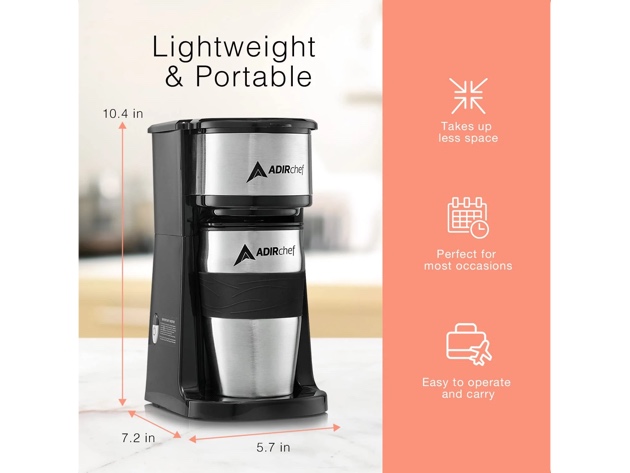 AdirChef Mini Travel Single Serve Coffee Maker & 15oz Travel Tumbler (Orange)