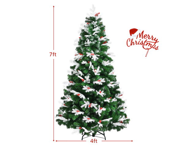 Costway 7ft Unlit Snowy Hinged Christmas Tree w/ 1180 Mixed Tips & Red Berries - Green/White