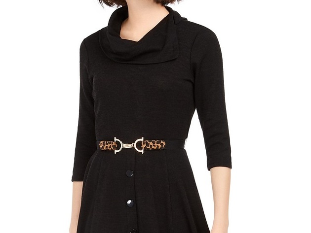 Robbie Bee Women's Petite Belted Cowlneck Sweater Dress Black Size PMD